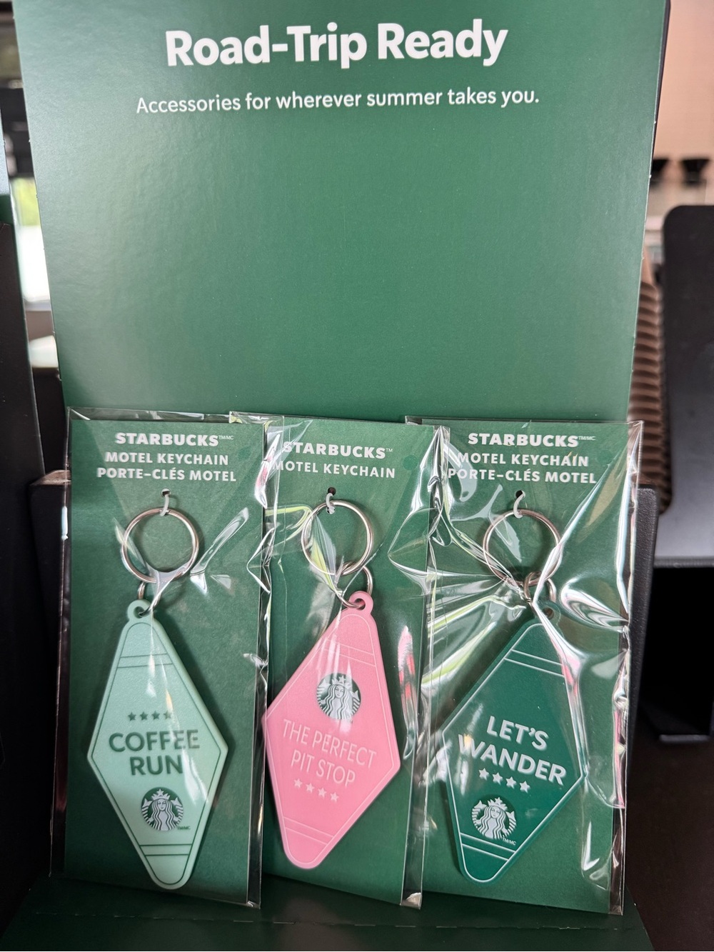 Limited edition road trip series Starbucks Green & Pink Motel Keychain Trio